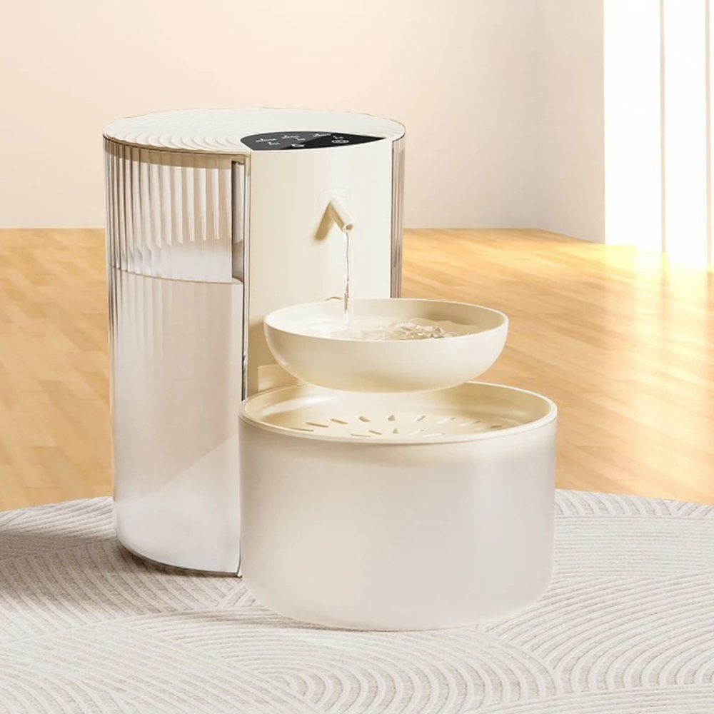 Modern white pet water fountain on a textured surface with a neutral background