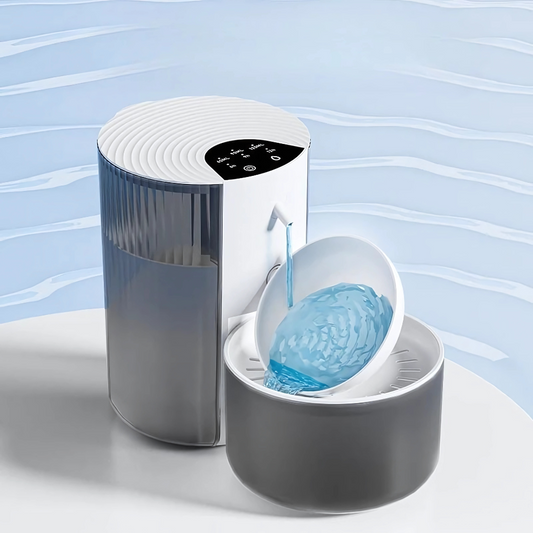 White and gray electronic device with water being dumped and fresh water being poured in a blue background