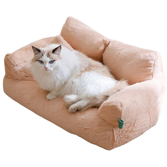 Cat lying on a plush beige pet bed with a white background.