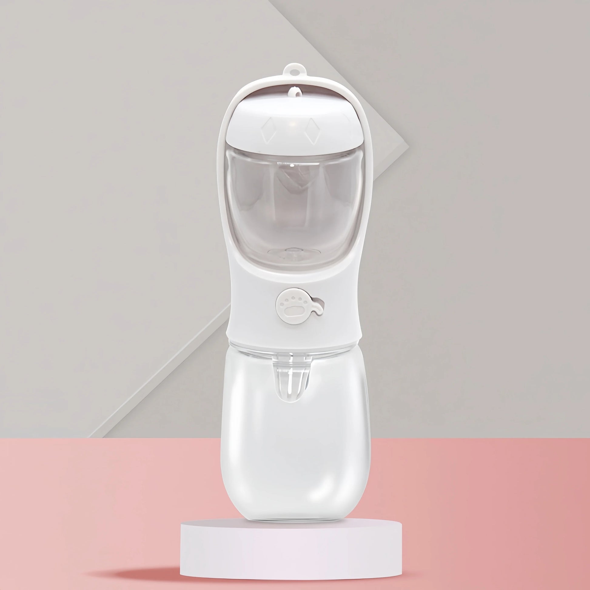 Portable Dog and Cat Water Bottle with Storage Food in white on a grey and pink background
