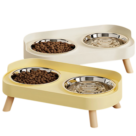 Pet feeding station with two bowls on a white background