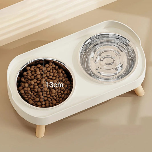 White pet feeding station with two bowls on a beige surface showing size of the bowl