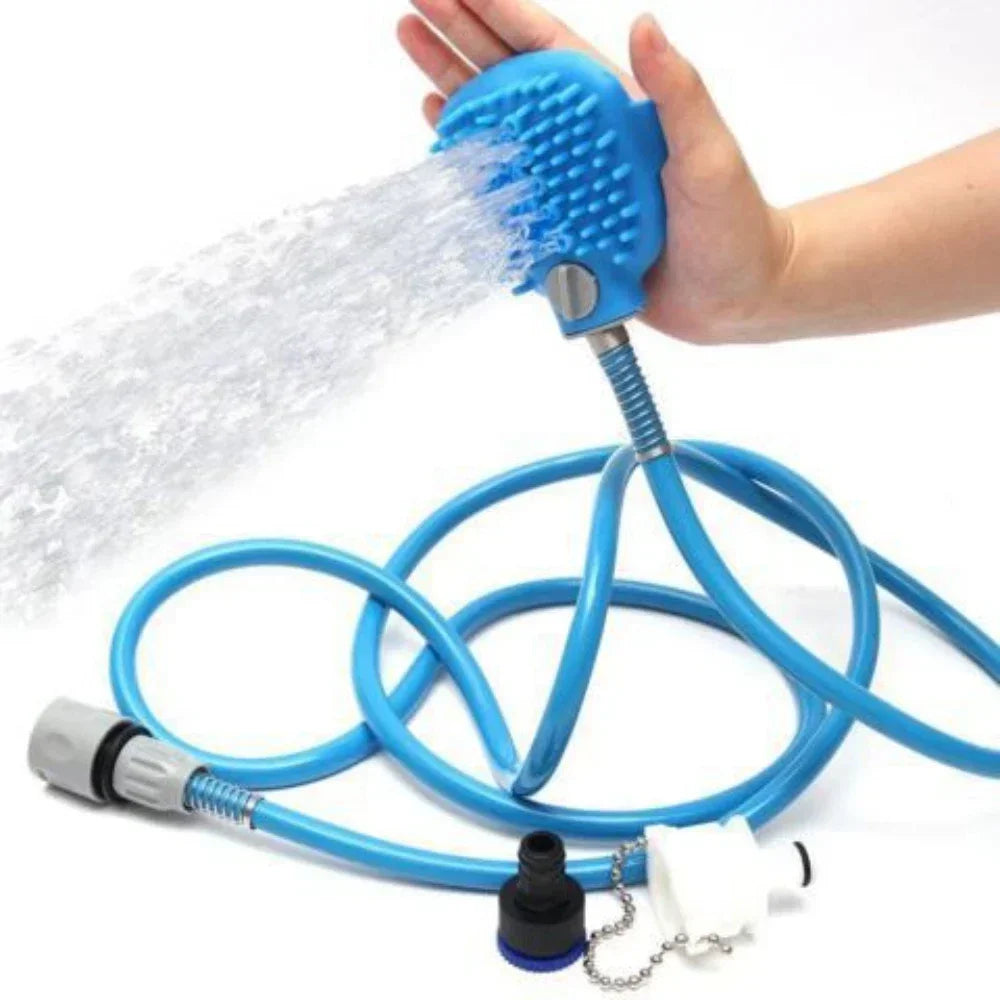 Blue flexible garden hose with a handheld shower head being used to spray water.