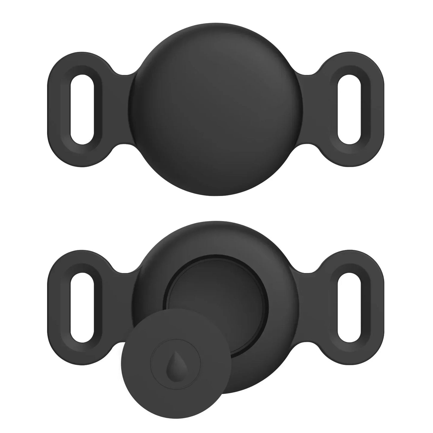 Two black silicone door stoppers on a white background