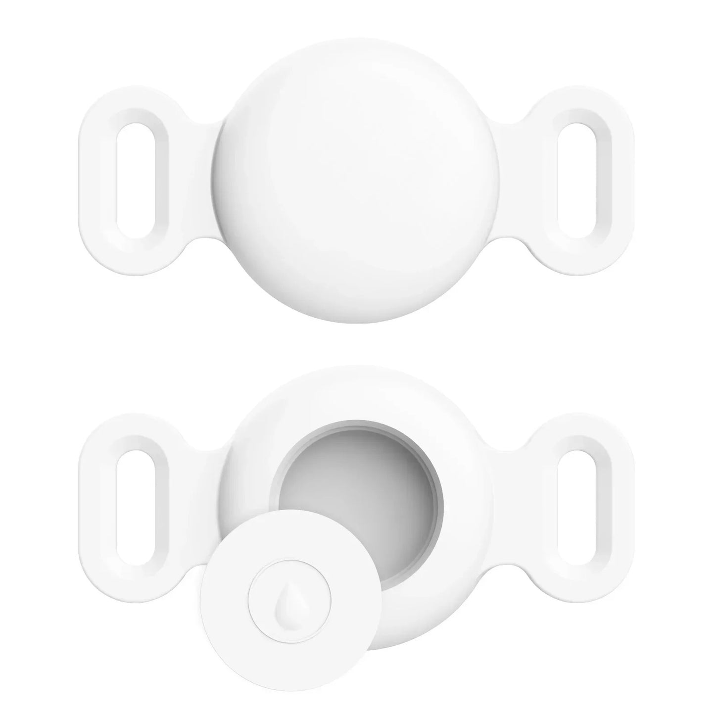 Set of white silicone baby teether components on a white background