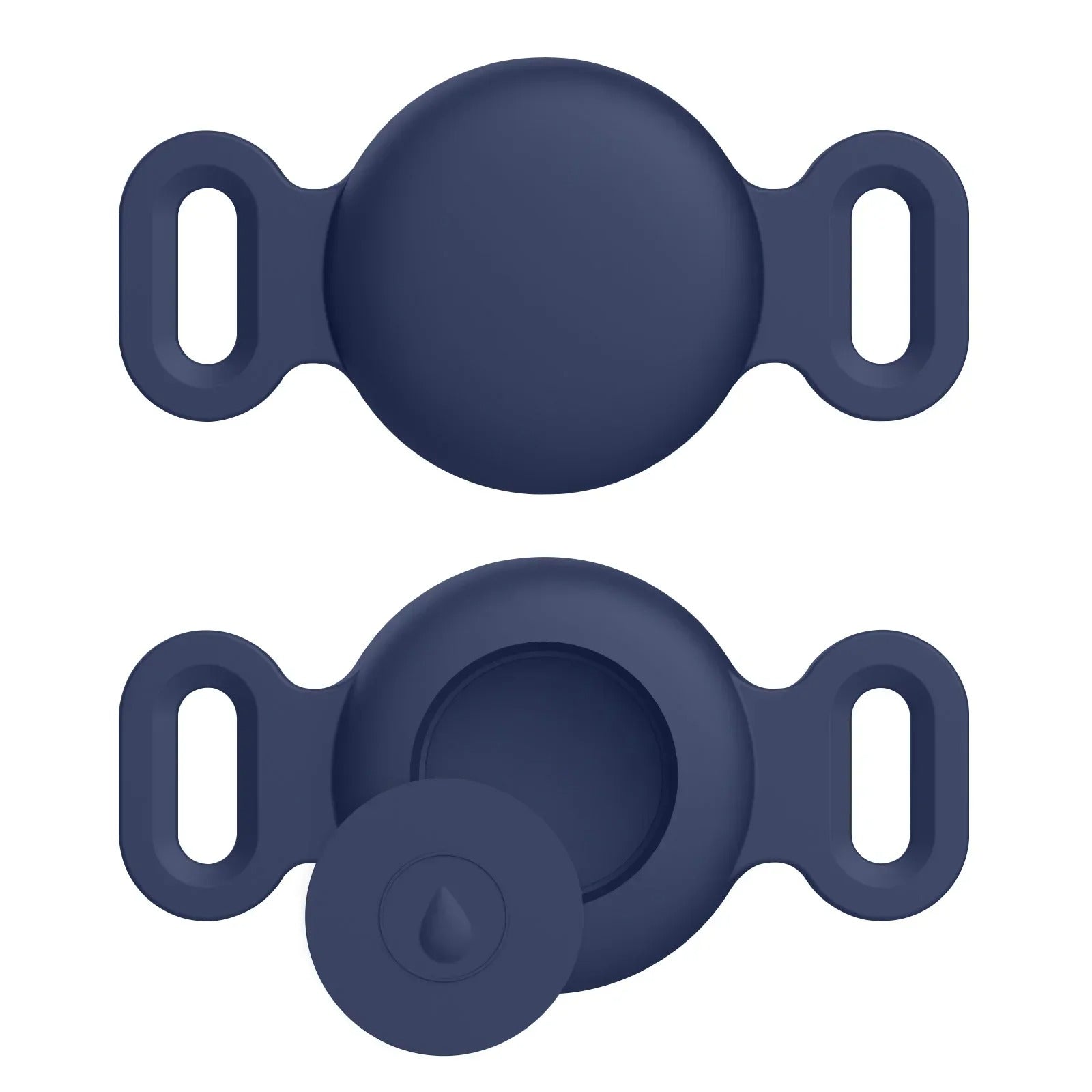 Two navy blue silicone clips on a white background