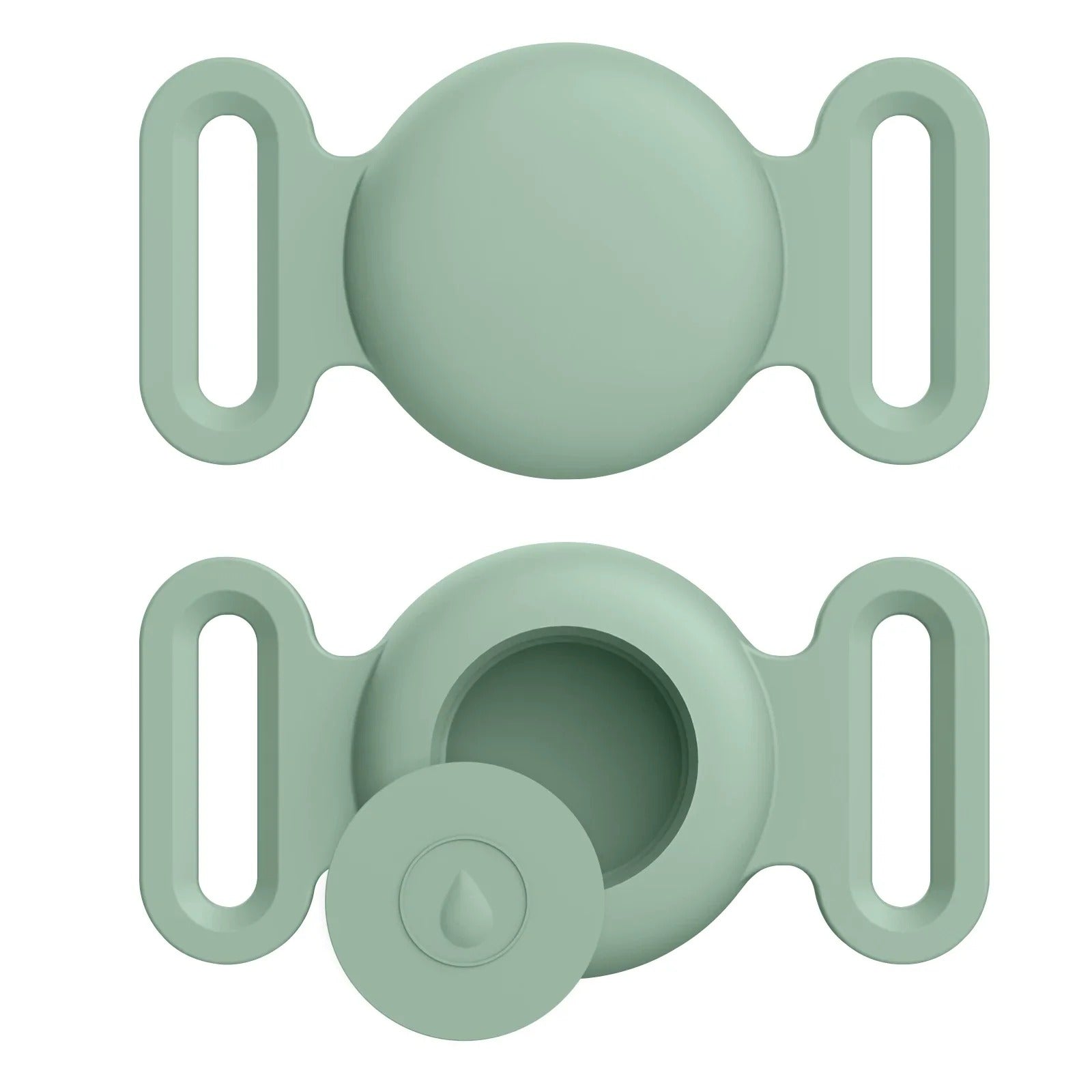 Two green silicone teether components on a white background