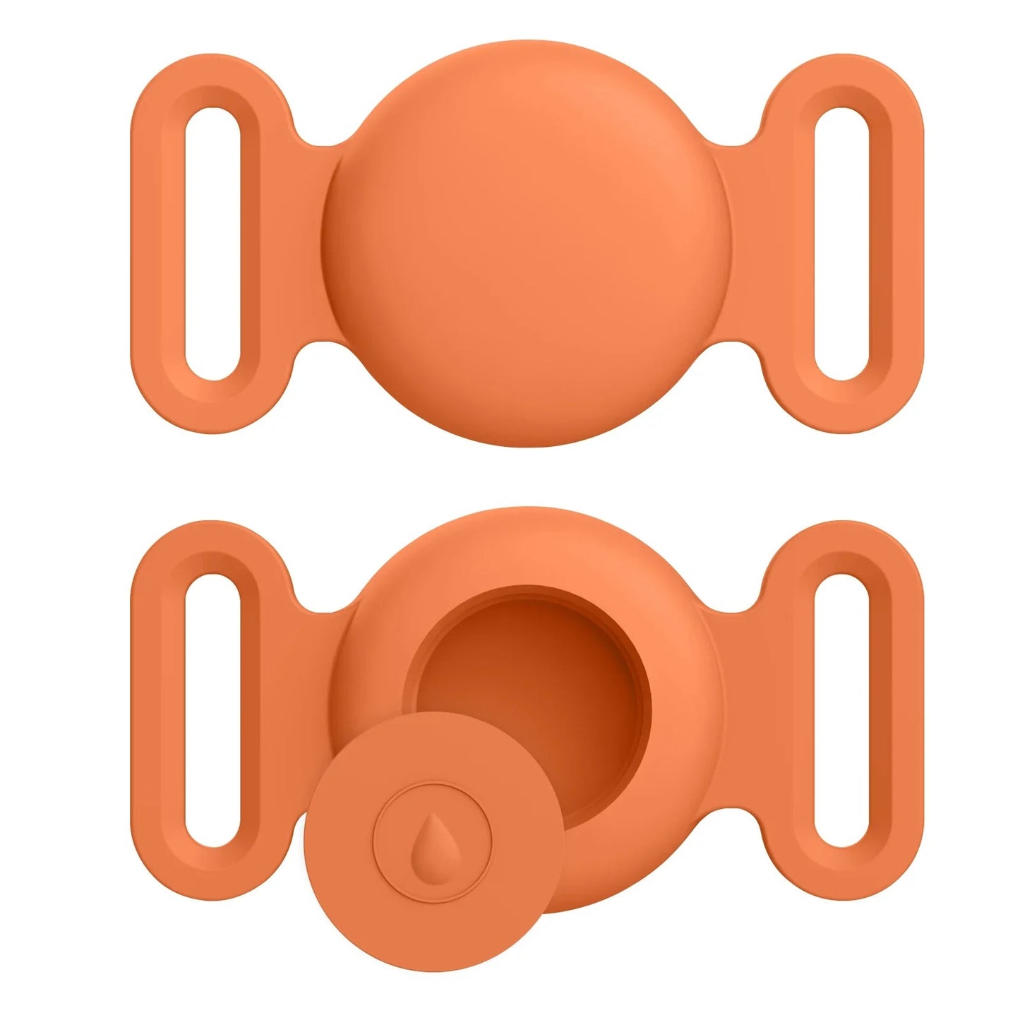 Two orange silicone bottle covers on a white background