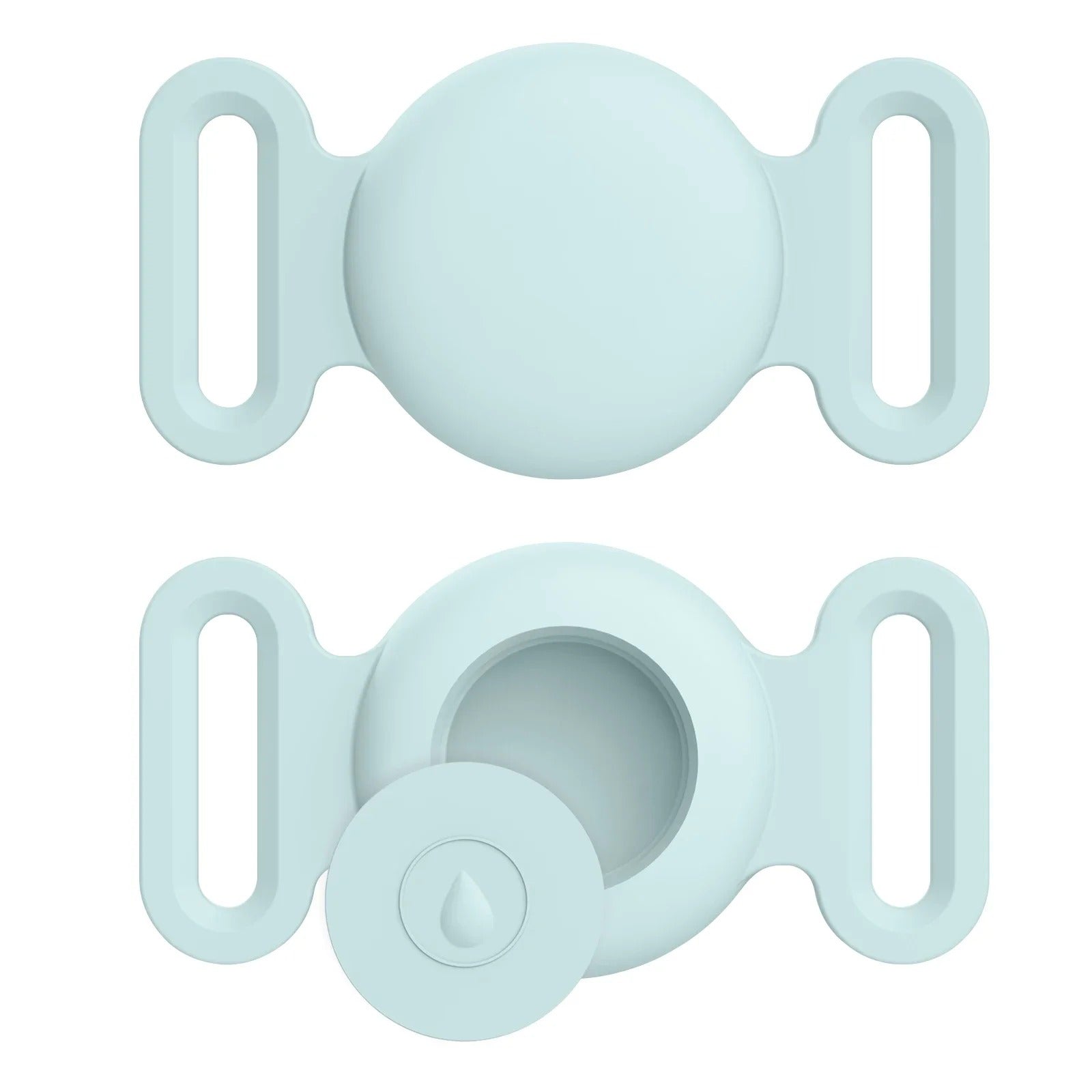 Two light blue silicone clips on a white background