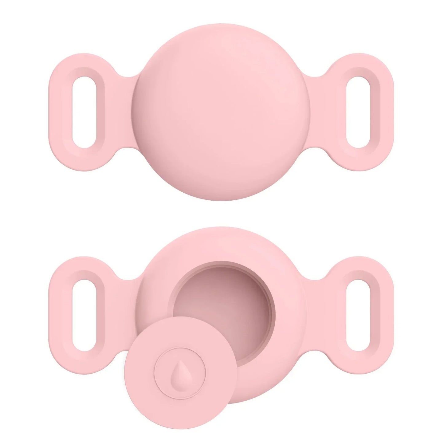 Two pink silicone teething rings on a white background