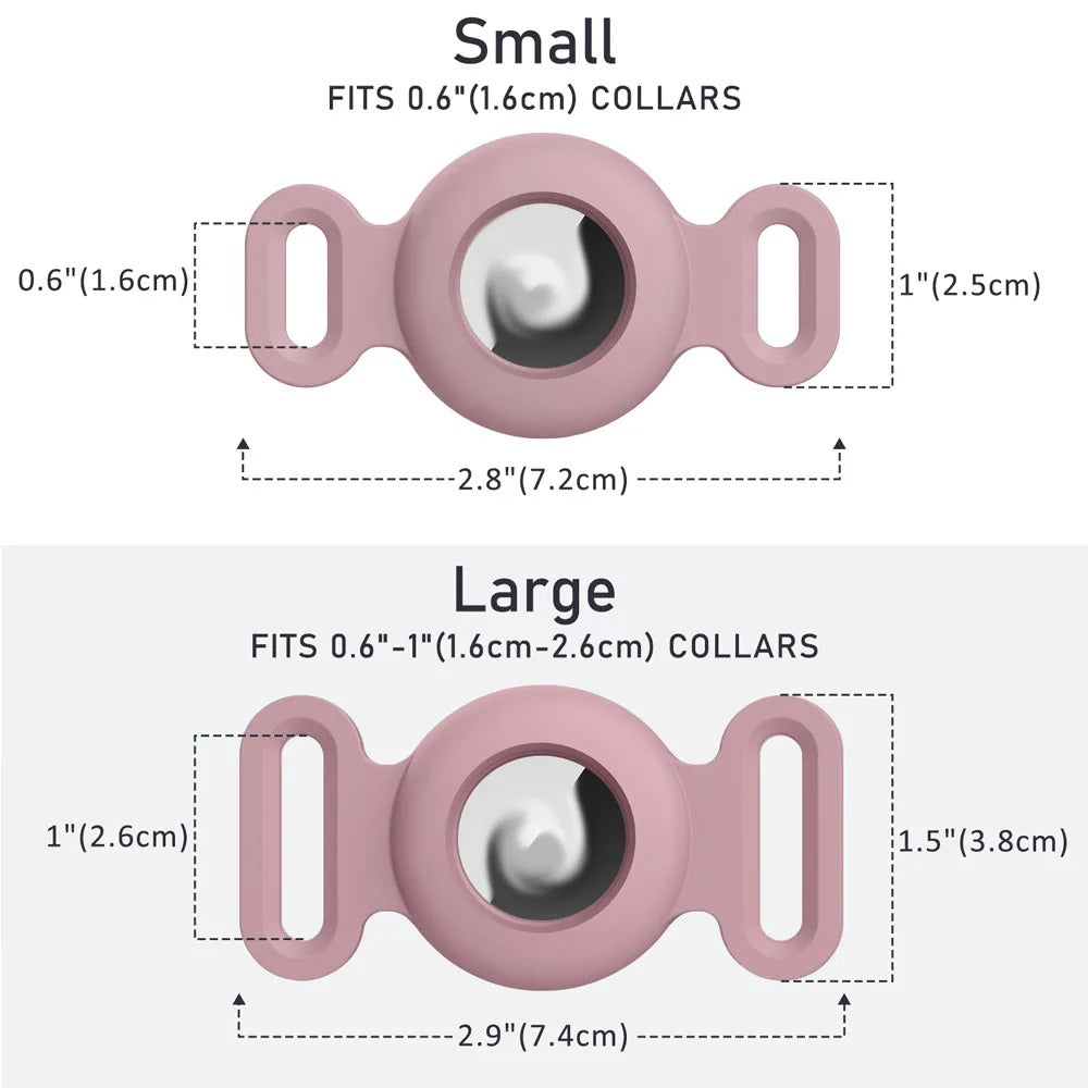 Measurement chart for small and large pink dog collars with dimensions.