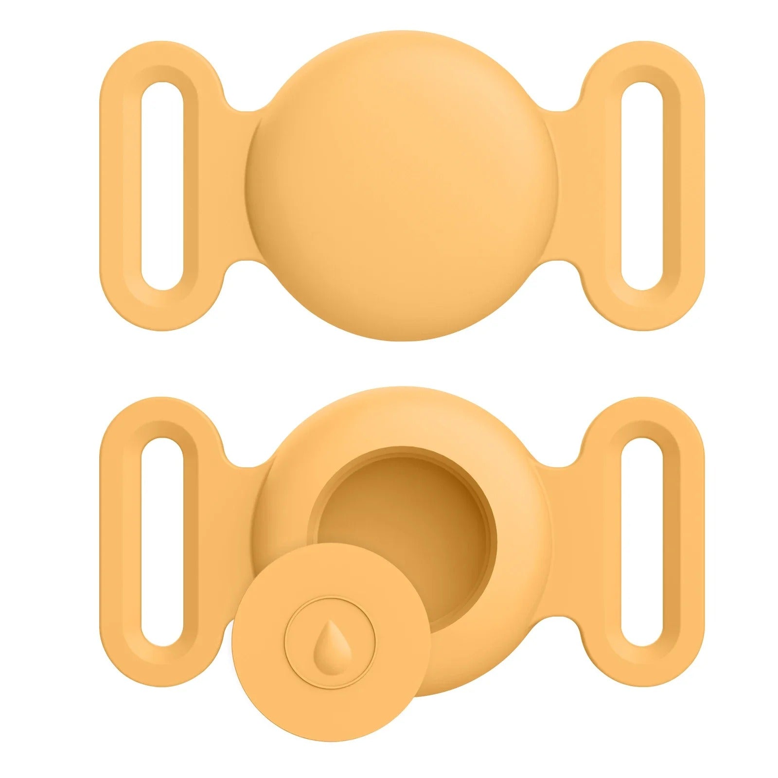 Two yellow silicone teether shapes on a white background