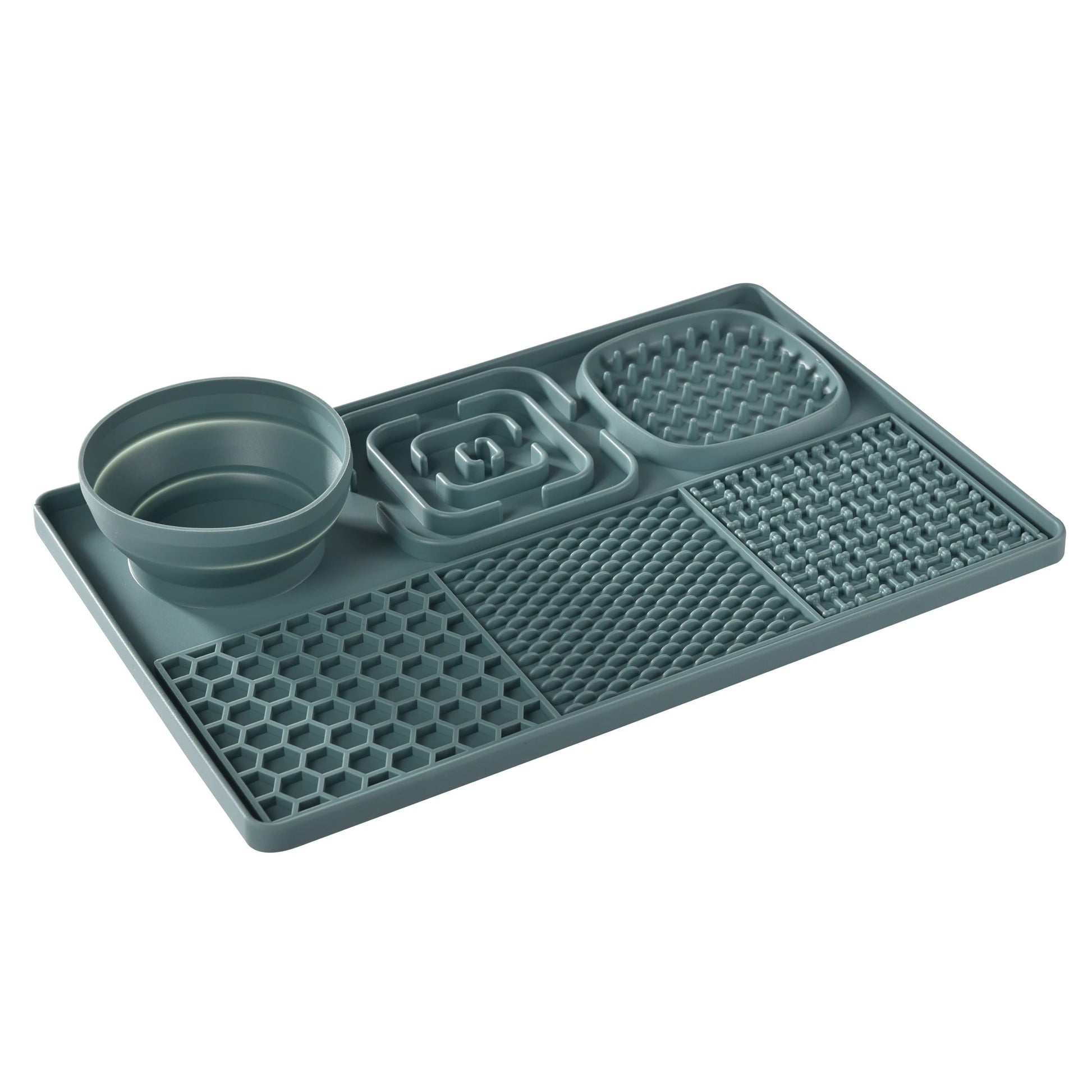 Gray silicone mat with pet bowls on a white background