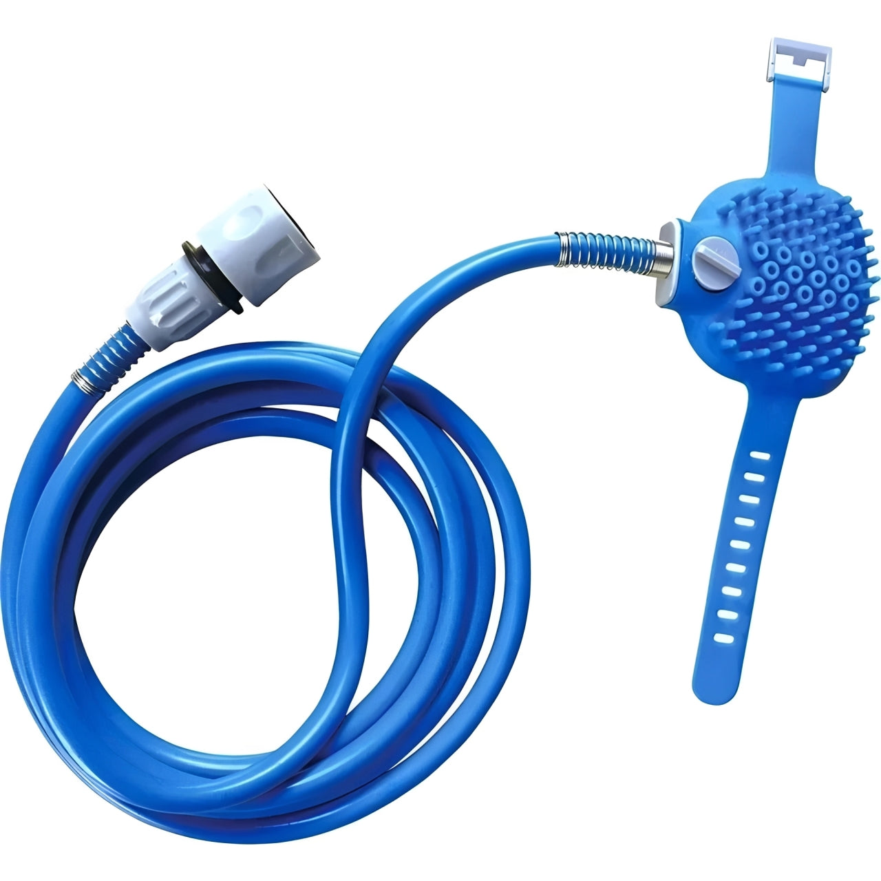 Blue pet shower with hose on a white background