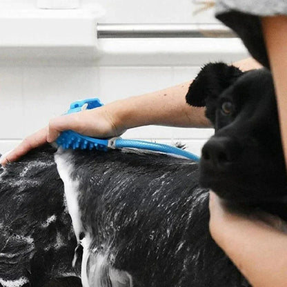 Person washing a black dog with a blue brush in a bathroom setting