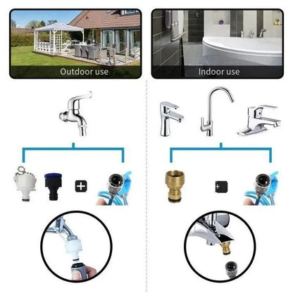 Comparison of outdoor and indoor faucets with accessories on a white background.