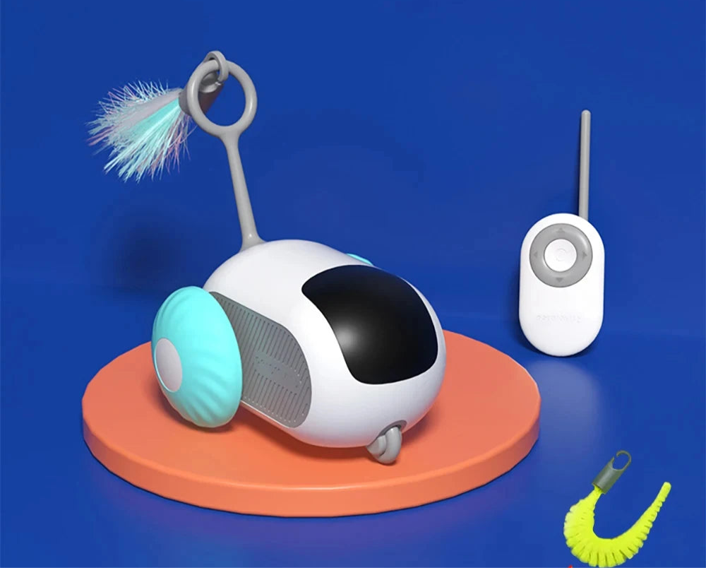 Toy robot with a remote control on an orange platform against a blue background