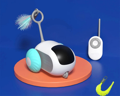 Toy robot with a remote control on an orange platform against a blue background