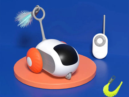 Toy robot with remote control on a blue background