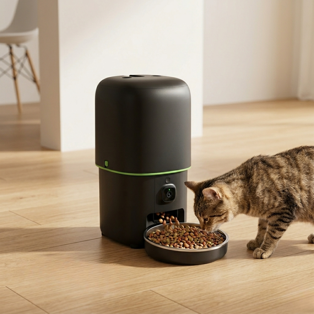 Cat eating from a bowl next to a black pet feeder on a wooden floor.