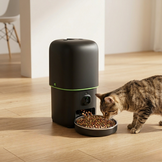 Cat eating from a bowl next to a black pet feeder on a wooden floor.