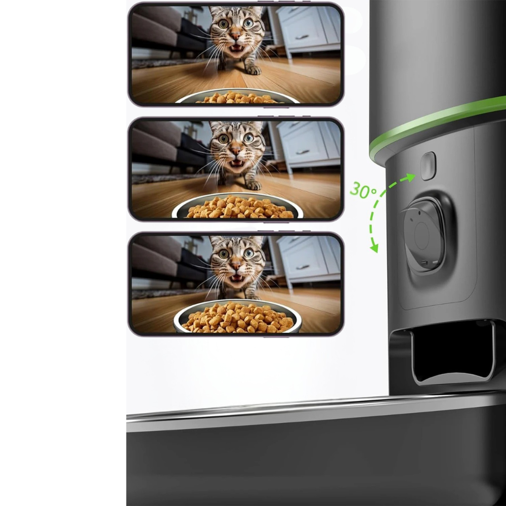Cat food dispenser with images of a cat eating from a bowl.