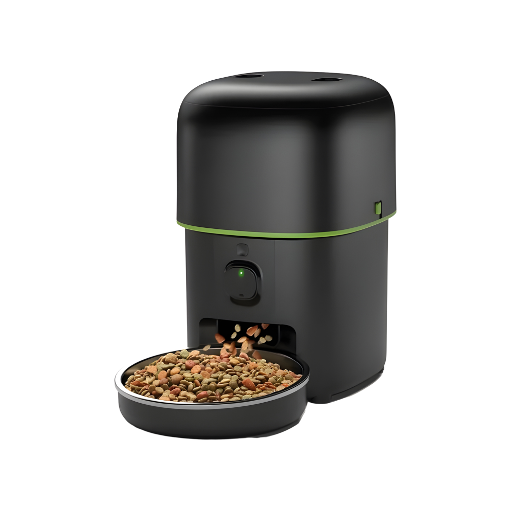 Black pet feeder with a bowl of food on a white background