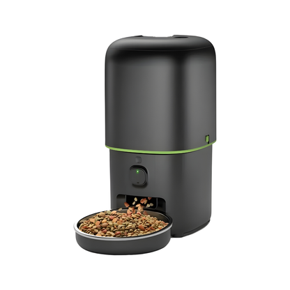 Black pet feeder with a bowl of food on a white background