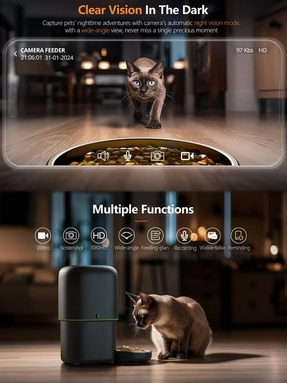 Cat feeder with night vision camera and multiple functions displayed on a screen.