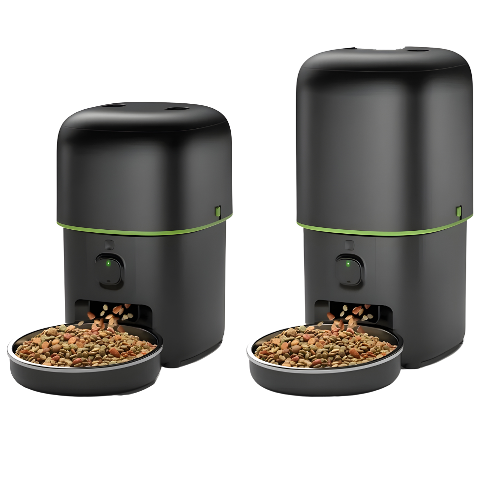 Two black electronic pet feeders with food bowls on a white background