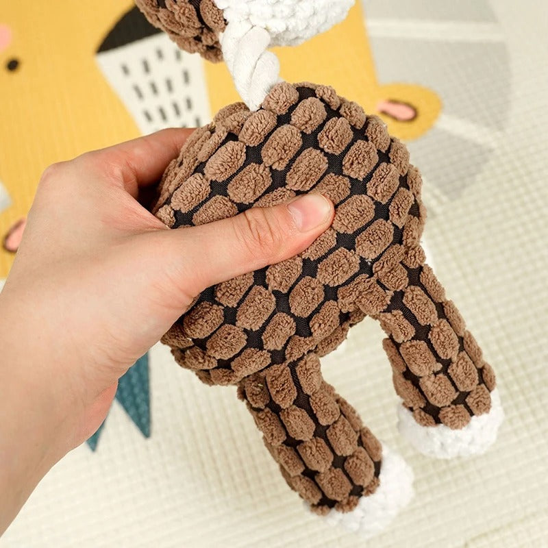 Hand holding a brown textured dog toy with a blurred background