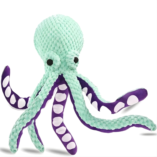 Plush octopus toy with green body and purple arms on a white background