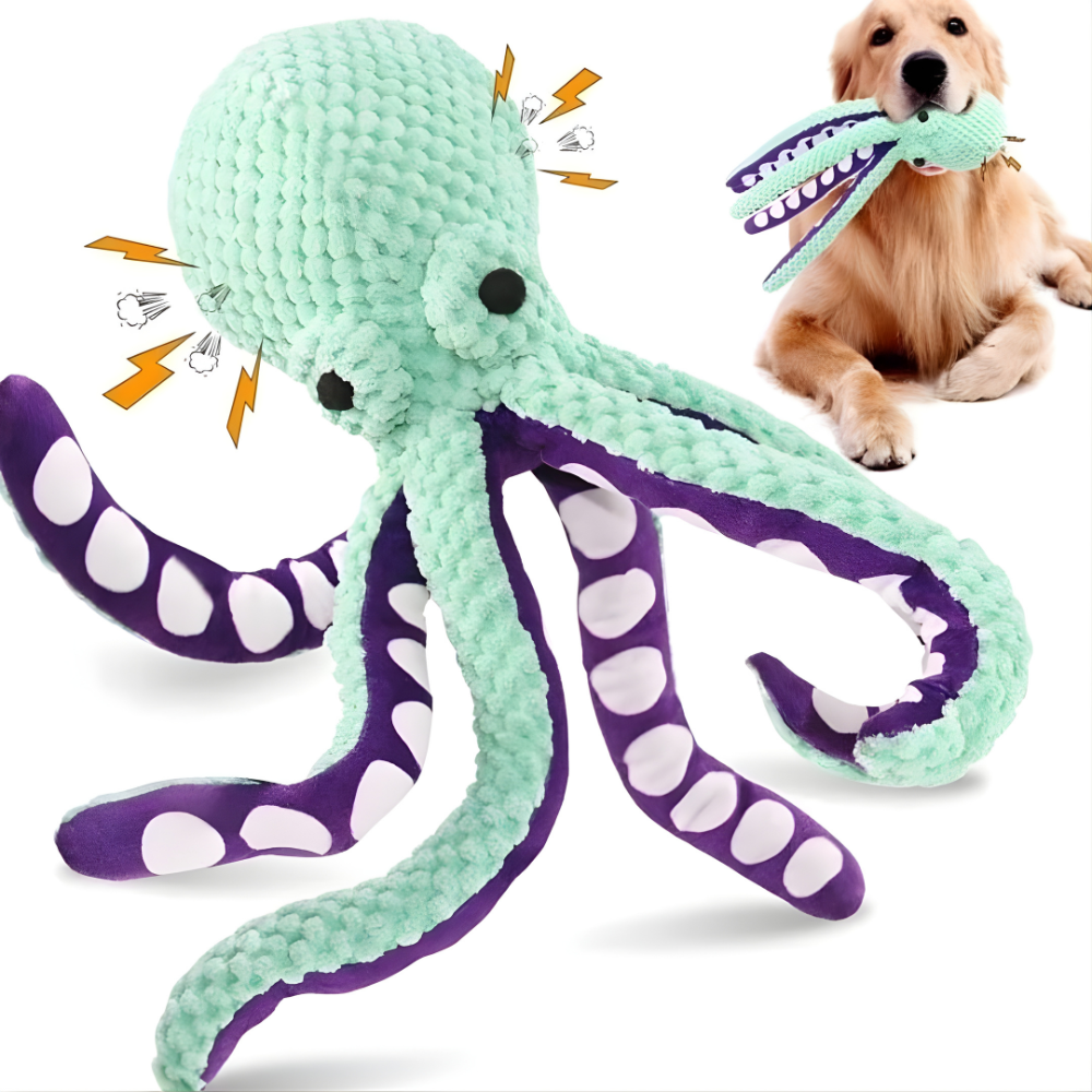 Plush octopus toy with a dog playing with it on a white background