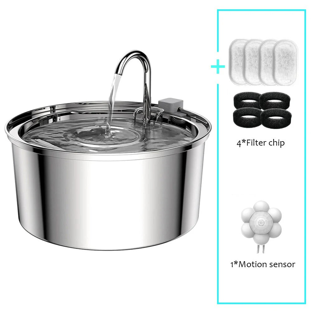 Stainless steel pet water fountain with additional components on a white background