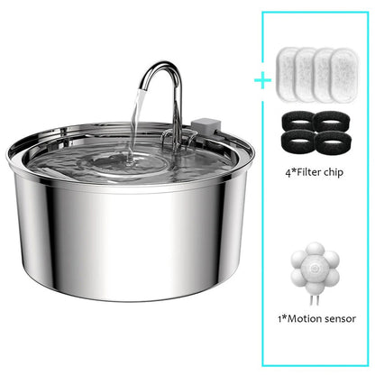 Stainless steel pet water fountain with additional components on a white background