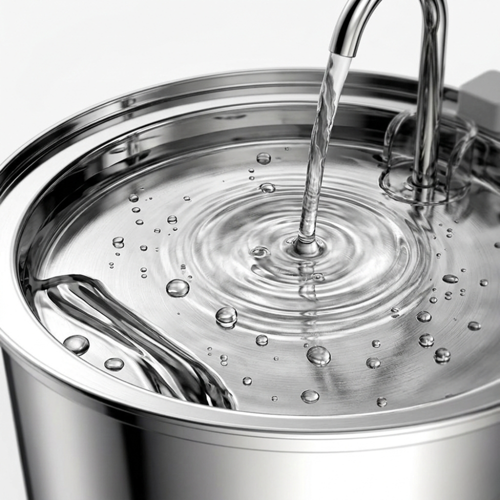 Water being poured into a metallic container with a close-up view of the water droplets.