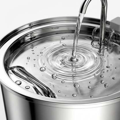 Water being poured into a metallic container with a close-up view of the water droplets.