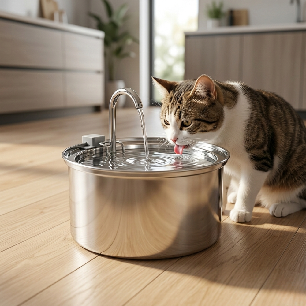 Cat drinking water from a stainless steel pet fountain indoors.