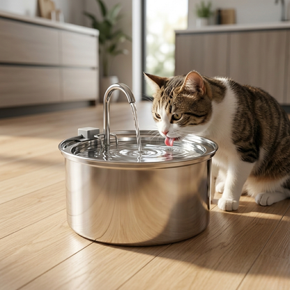 Cat drinking water from a stainless steel pet fountain indoors.