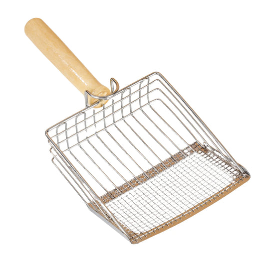Stainless Steel with Wooden Handle Litter Scoop in a white background.
