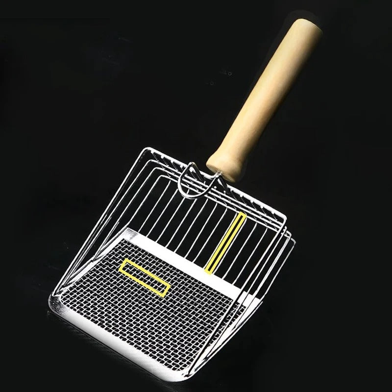 Stainless Steel with Wooden Handle Litter Scoop in a black background, showing the different sizes of mesh.