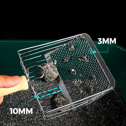 Stainless Steel with Wooden Handle Litter Scoop in a black background, showing the different sizes of mesh in use with litter.