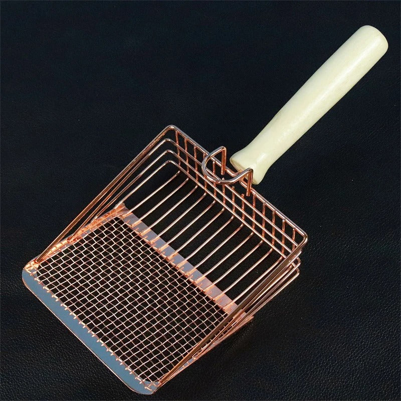 Pink Stainless Steel with Wooden Handle Litter Scoop in a black background.