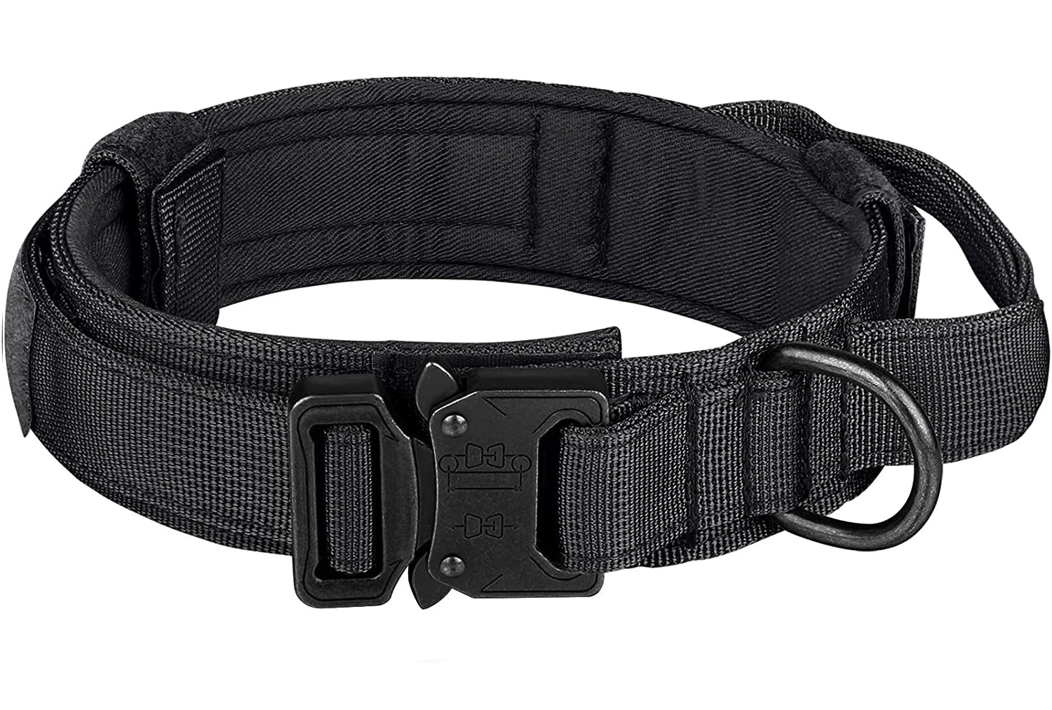Black tactical belt with size chart on a white background