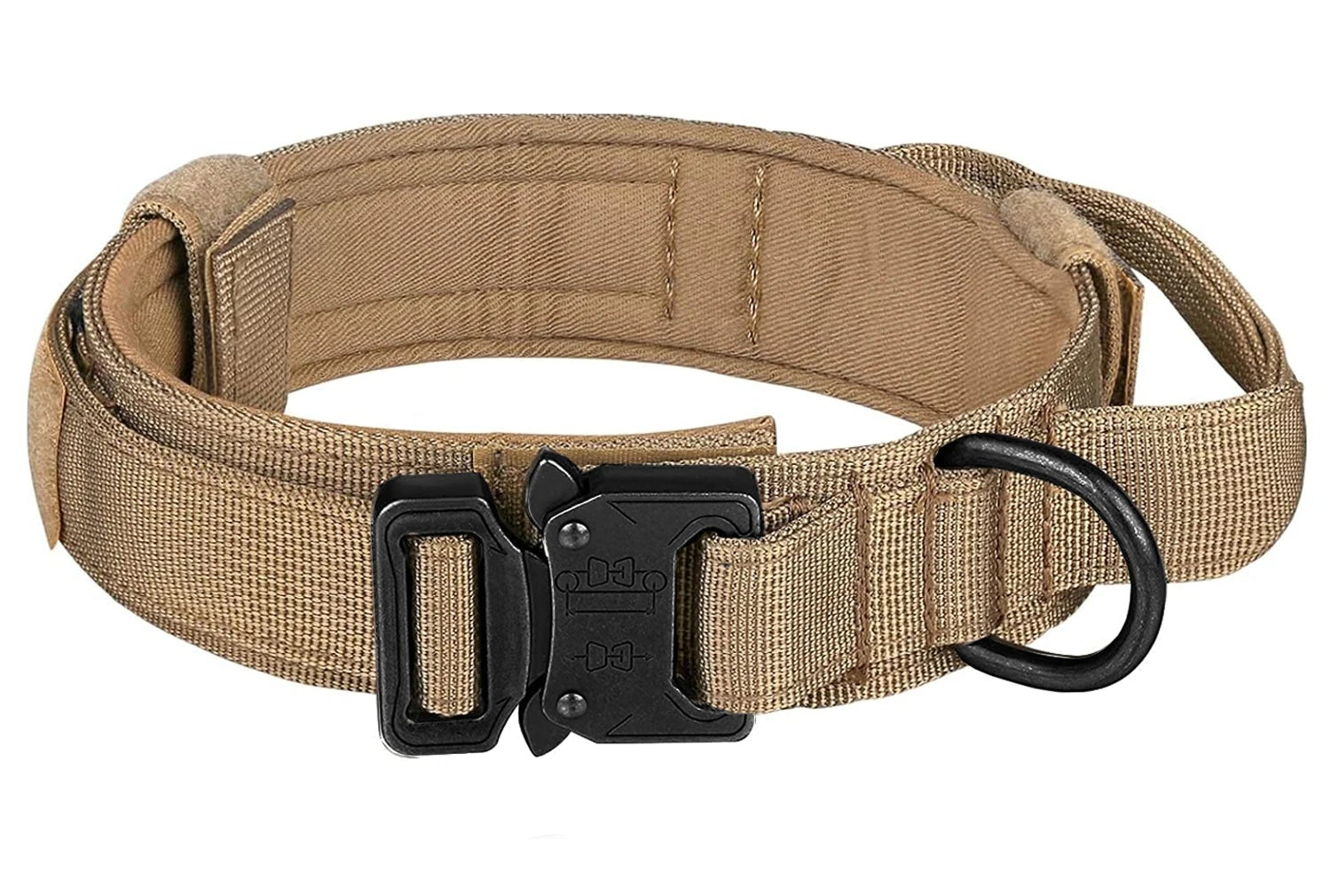 Tan belt with black buckle and size chart on a white background
