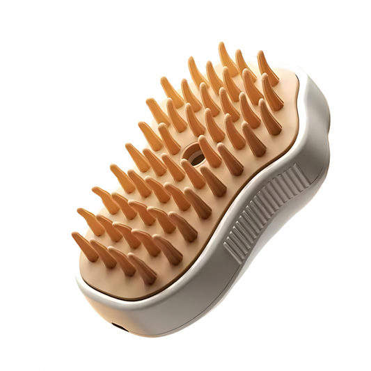 A cat brush not in use showing the bottom of the brush with visible steam vents. The color scheme is primarily beige with brown.