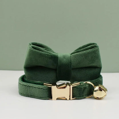 Green cat collar with gold buckle and bell on a light gray background
