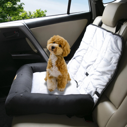 Small dog sitting on a car seat cover in a vehicle