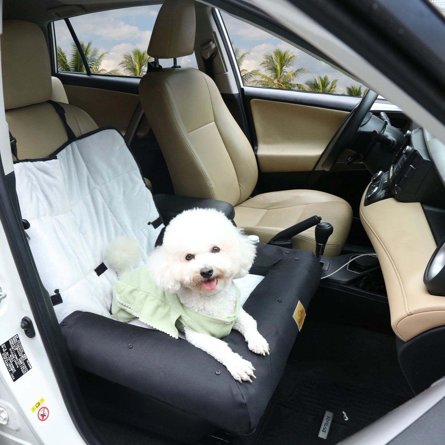 White dog sitting on a black pet seat cover in a car with palm trees outside.