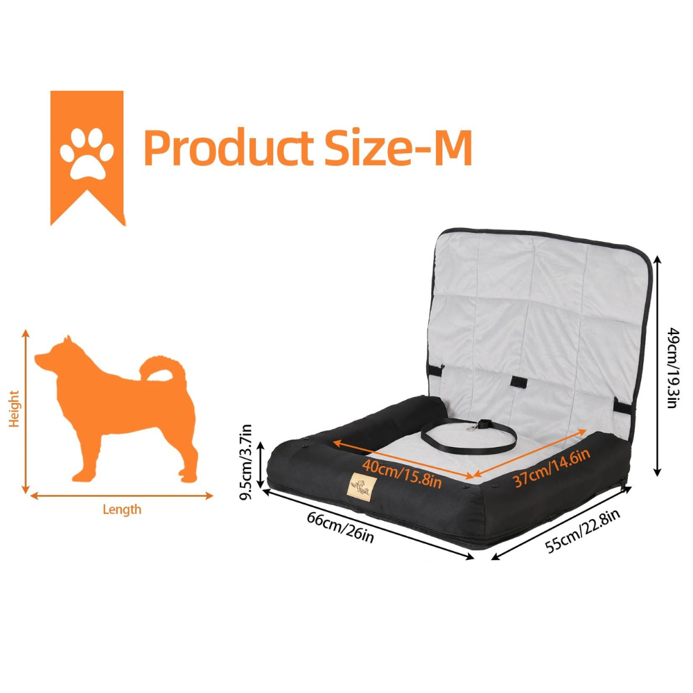 Pet bed with dimensions and a dog silhouette for size reference on a white background